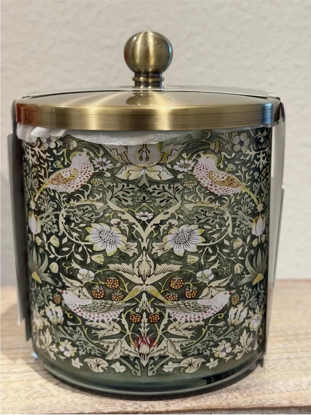 Morris & Co bathroom vanity Cotton Jar Green Glass w/gold Trim Strawberry Thief